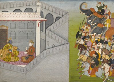 Het Beleg van Mathura door Jarasandha uit de serie Guler-Basholi Bhagavata Purana door Fattu